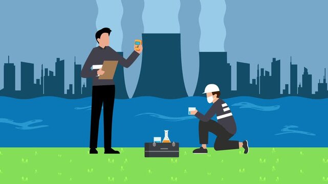 Environmental Scientists Testing Water Quality Near Nuclear Power Plant cartoon animation
