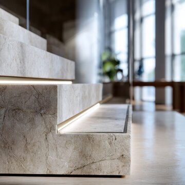 Modern marble staircase with integrated led lighting highlighting sleek steps and elegant interior design in a bright, contemporary living space