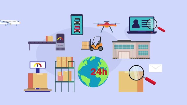 Global Logistics and 24-Hour Express Delivery Service Concept cartoon animation