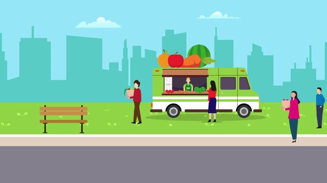 Mobile Fruit Truck and Street Vendor Selling Fresh Produce in City Park cartoon animation