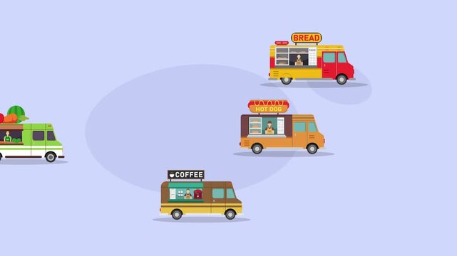 Food Trucks Collection and Mobile Street Food Vendors cartoon animation