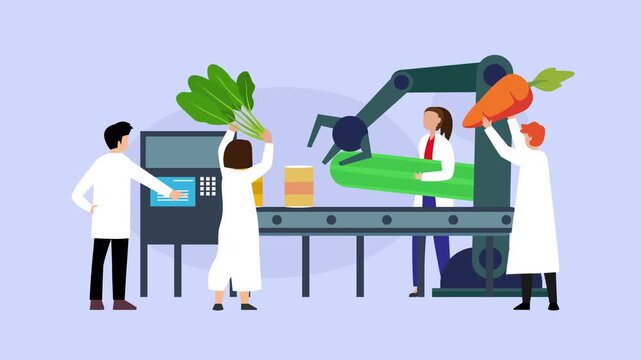 Automated Food Processing Factory with Robotic Arm and Scientists Packaging Canned Vegetables cartoon animation
