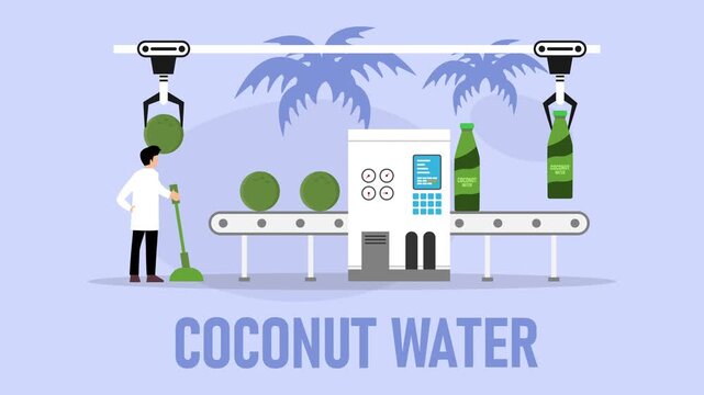 Coconut Water Processing Factory and Bottling Conveyor Belt cartoon animation