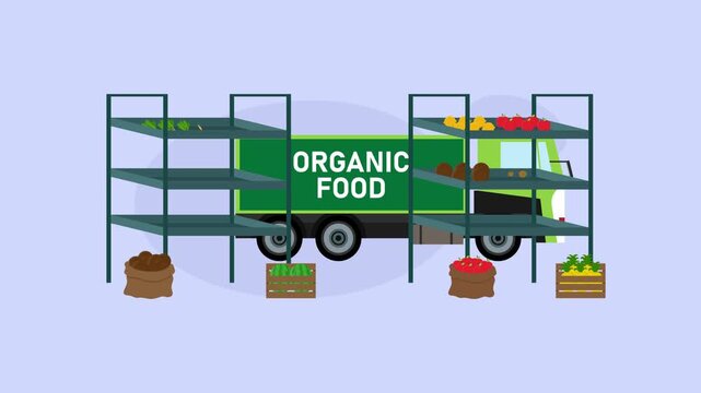 Organic Food Delivery Truck Stocking Fresh Fruits and Vegetables on Racks cartoon animation