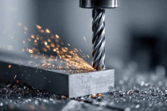 Industrial metal drilling process with a cutting tool creating bright sparks on a steel workpiece in a manufacturing workshop environment