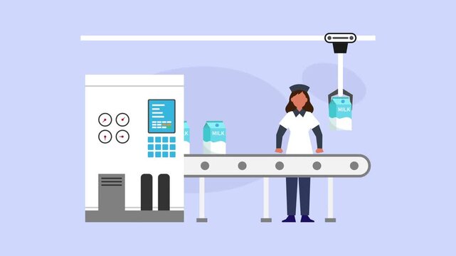 Milk Packaging Line Factory Conveyor Belt and Automated Processing cartoon animation