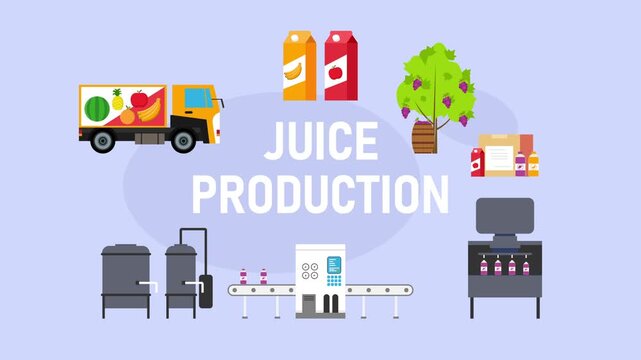 Juice Production Process Infographic and Factory Bottling Line cartoon animation