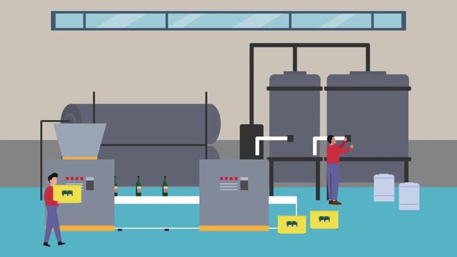 Automated Wine Production and Bottling Line in Factory cartoon animation