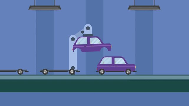 Automated Car Assembly Line with Robotic Arm Factory cartoon animation