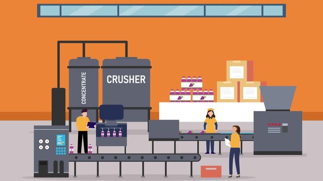 Automated Juice Factory Production Line and Bottling Conveyor cartoon animation