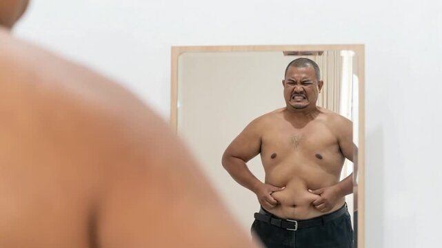 Overweight Man Looking in Mirror and Pinching Belly Fat