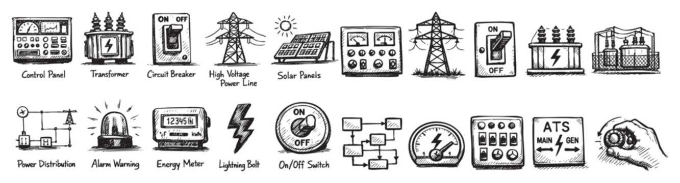 Collection of hand-drawn black and white electrical and power generation icons, including transformers, circuit breakers, and solar panels, on a clean white background
