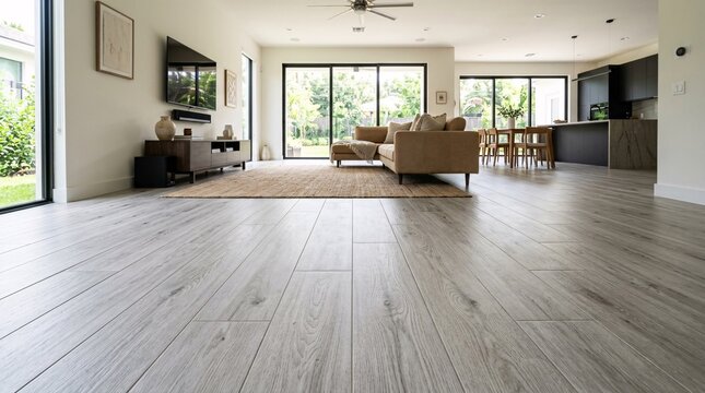 Expansive beautifully laid light gray wood-look porcelain tile flooring with realistic grain patterns in a spacious modern living room.