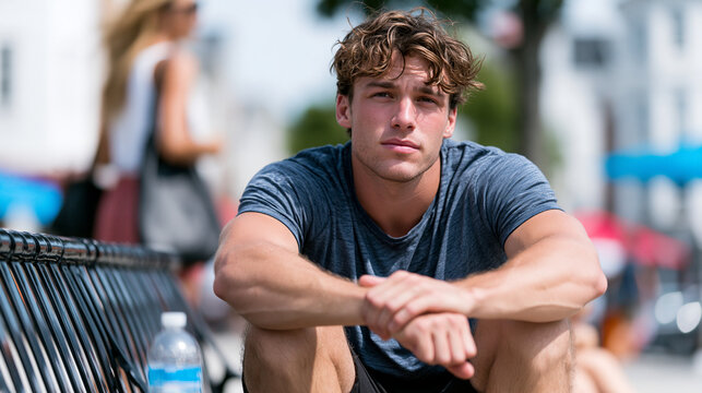 Photorealistic candid scene of a young man sitting on a park bench on a hot summer day, visibly lightheaded and pale, elbows on knees head slightly forward, a water bottle unopened
