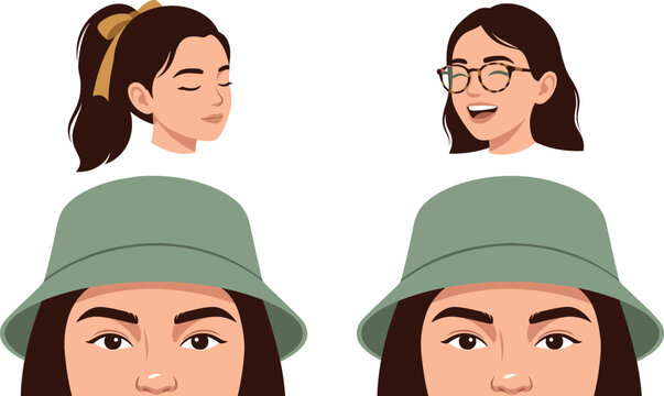 Cute Young Woman Avatar Asset Collection Vector Featuring Flat Cartoon Female Portraits in Green Bucket Hat High Ponytail with Bow and Tortoise Shell Glasses Elements
