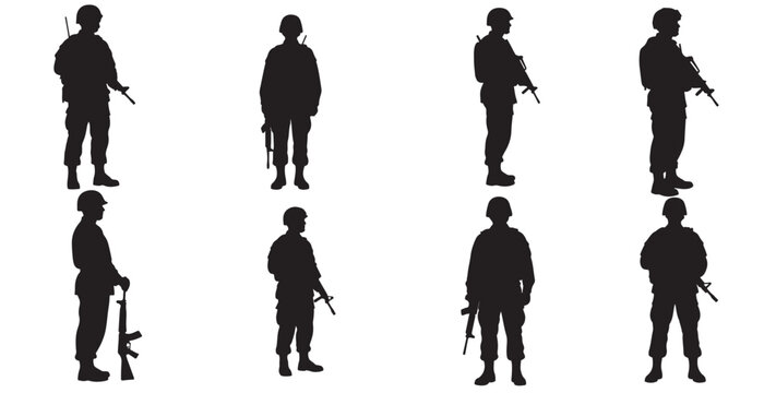 Black silhouettes of soldiers carrying rifles in various stances isolated on white background.