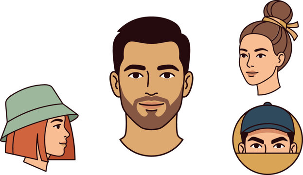 Diverse People Avatar Asset Collection Vector Featuring Flat Cartoon Bearded Man Portrait Woman in Bucket Hat High Bun Updo and Base Ball Cap Icon