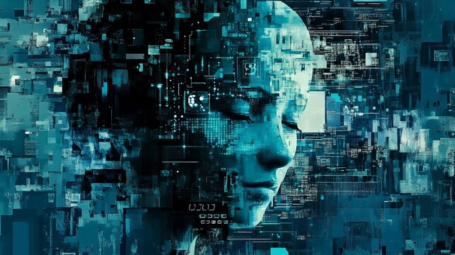 Abstract digital portrait of a human face overlaid with a complex network of glowing blue circuit board technology and data streams