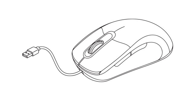 Minimalist computer mouse line art vector, wired USB optical mouse illustration, ergonomic peripheral device outline for tech and office design