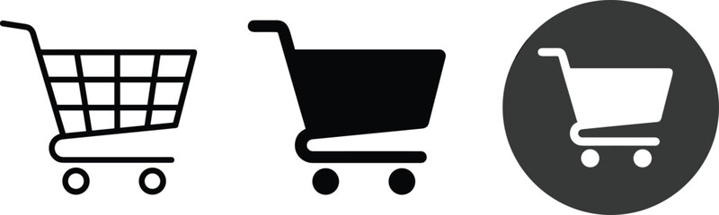 Shopping Cart Vector Icon Set Featuring Outline Grid Solid Silhouette and Inverted Circle Button Styles for E-Commerce Website Interface and Mobile Retail App Checkout Designs © REYAD