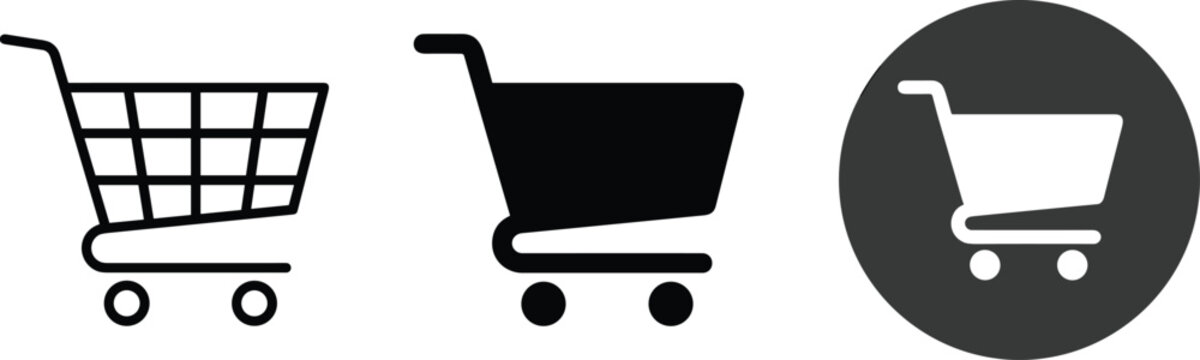 Shopping Cart Vector Icon Set Featuring Outline Grid Solid Silhouette and Inverted Circle Button Styles for E-Commerce Website Interface and Mobile Retail App Checkout Designs