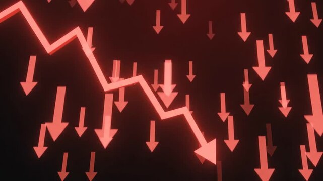 Abstract financial animation with a falling red graph line and downward arrows. Conceptual video symbolizing economic crisis, stock market crash, and financial loss.