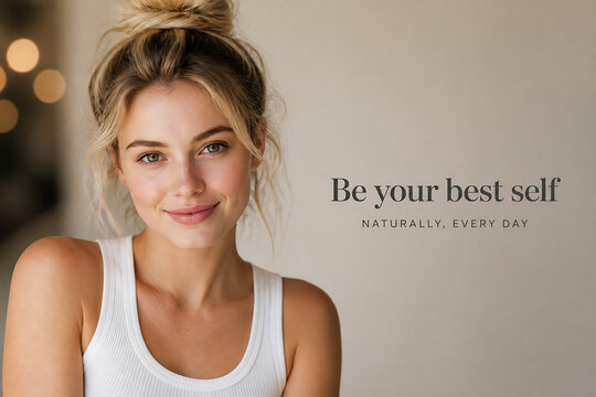 A young woman with blonde hair wearing a white tank top is smiling at the camera against a plain background with text reading "Be your best self NATURALLY, EVERY DAY".
