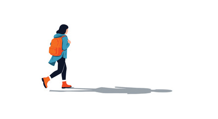 Fototapeta premium Side view of a person with a dark backpack walking across a white surface with a long shadow cast on the ground.