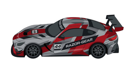 Obraz premium Modern Racing Car with Red and Grey Camouflage Livery and Number 44