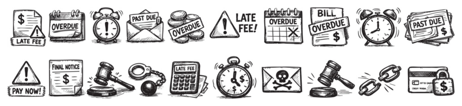 Various hand-drawn black and white icons representing overdue bills, late fees, and financial consequences on a clean white background