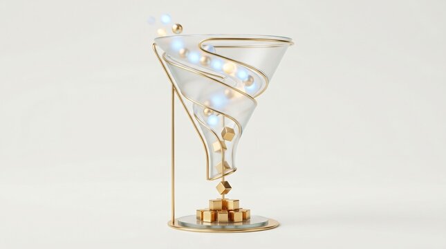 Abstract 3D sales funnel concept with gold cubes and glowing spheres