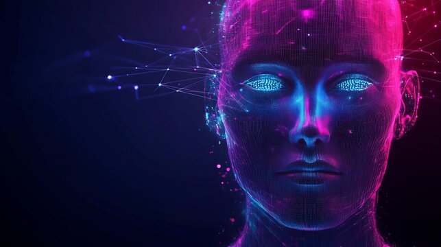 Futuristic digital portrait of a human face with glowing blue eyes and neon network lines, representing artificial intelligence and technology