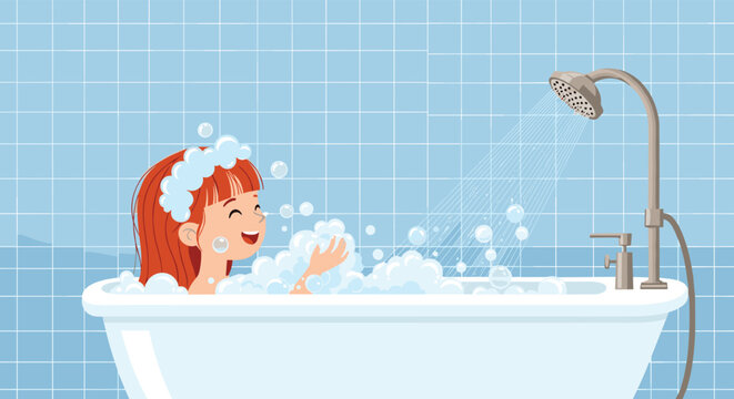 Smiling young girl with red hair enjoys a relaxing bubble bath in a blue tiled bathroom while playing with soapy foam under the shower.