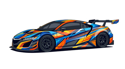 Fototapeta premium Modern Sports Car with Abstract Geometric Wrap, Vibrant Colors