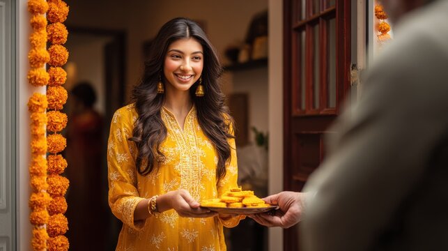 Smiling woman in yellow ethnic wear offers sweets during a festive Indian celebration. A young woman dressed in traditional Indian attire smiles warmly while presenting a plate of sweets