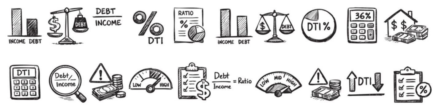 Hand-drawn black and white icons illustrate debt-to-income ratio calculations and financial risk on a clean white background