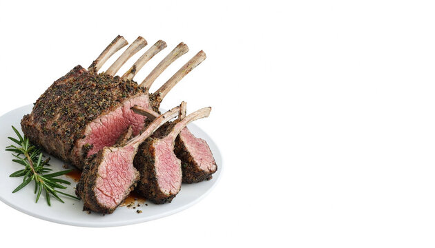 Herb crusted rack of lamb is served sliced on a white platter with rosemary garnish. The elegant meat dish suggests fine dining, gourmet cuisine, and festive dining occasions.