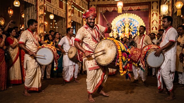 Energetic Indian men joyfully playing traditional dhak drums during a festive Durga Puja celebration inside an illuminated pandal