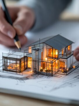 Creative architectural design process featuring a hand sketching an illuminated modern house model blending blueprint lines and realistic elements on paper