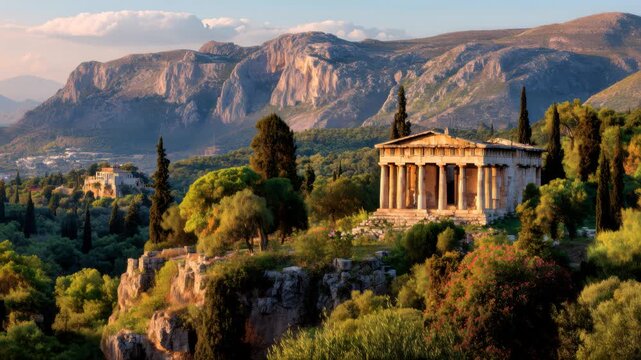 Ancient Greek temple structure on a hillside surrounded by lush greenery and mountains, showcasing the beauty of historical architecture in a scenic landscape