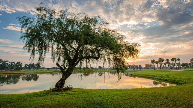 willow. Tranquil lakeside scene with weeping willow and pastel sky mirrored in calm waters. travel magazines, destination branding, designed for outdoor magazines and nature guides.
