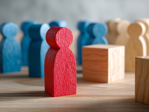 A red wooden figure standing apart in focus with blurred blue and natural wood figures symbolizing individuality and leadership in a group setting on a wooden surfac