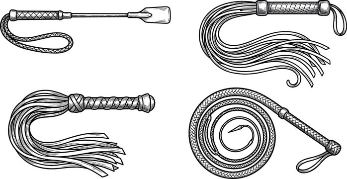 Vintage hand drawn whip vector illustration set with leather bullwhip riding crop flogger and scourge isolated on clean white background