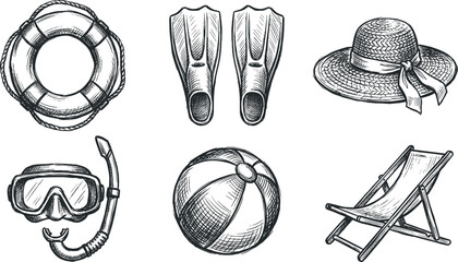 Hand drawn vintage engraving style vector illustration set of summer beach elements including lifebuoy flippers straw hat diving mask ball and deck chair © MstRowshanAra