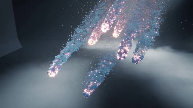Floating abstract pastel sculpture, spray rising and bursting into ember streams under angled beam