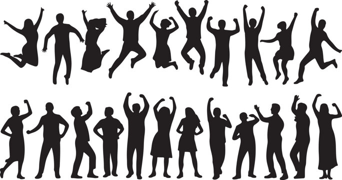 Energetic Silhouettes of Diverse People Jumping and Cheering with Joyous Celebration and Group Excitement
