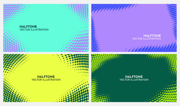 Vector illustration. Modern panoramic halftone backgrounds with vibrant dot patterns. Minimalist layouts for web banners, advertising or presentation. Sport backdrop design with dynamic flowing dots