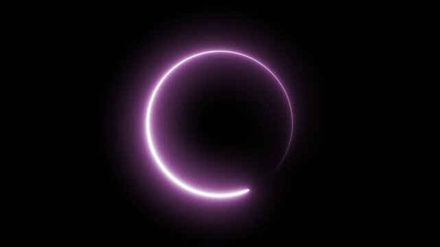 Abstract neon circle animation rotating and glowing against a dark background with futuristic digital.Bright pink neon glowing circle ring abstract background design element.Neon ellipse circle border