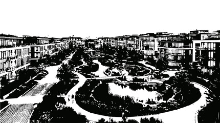 Fototapeta premium Modern Residential Complex with Lush Greenery and Water Features