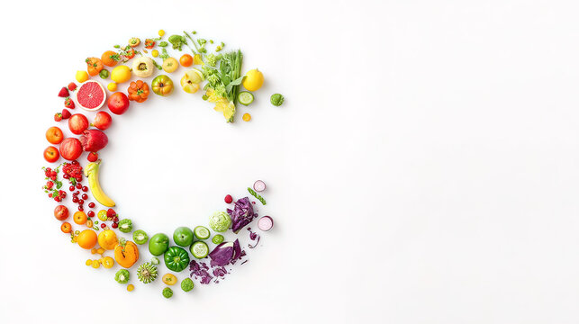 selection. Circular arrangement of fresh fruits and vegetables on a clean white background with soft shadows. menu design.
